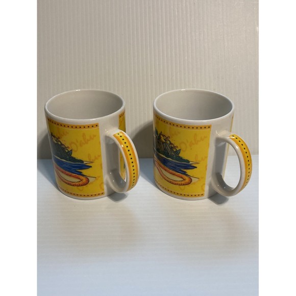 HAWAII Island Heritage Hilo Hattie O’ahu Lei Yellow Mugs Cups 2002 Set of 2 - Picture 5 of 12